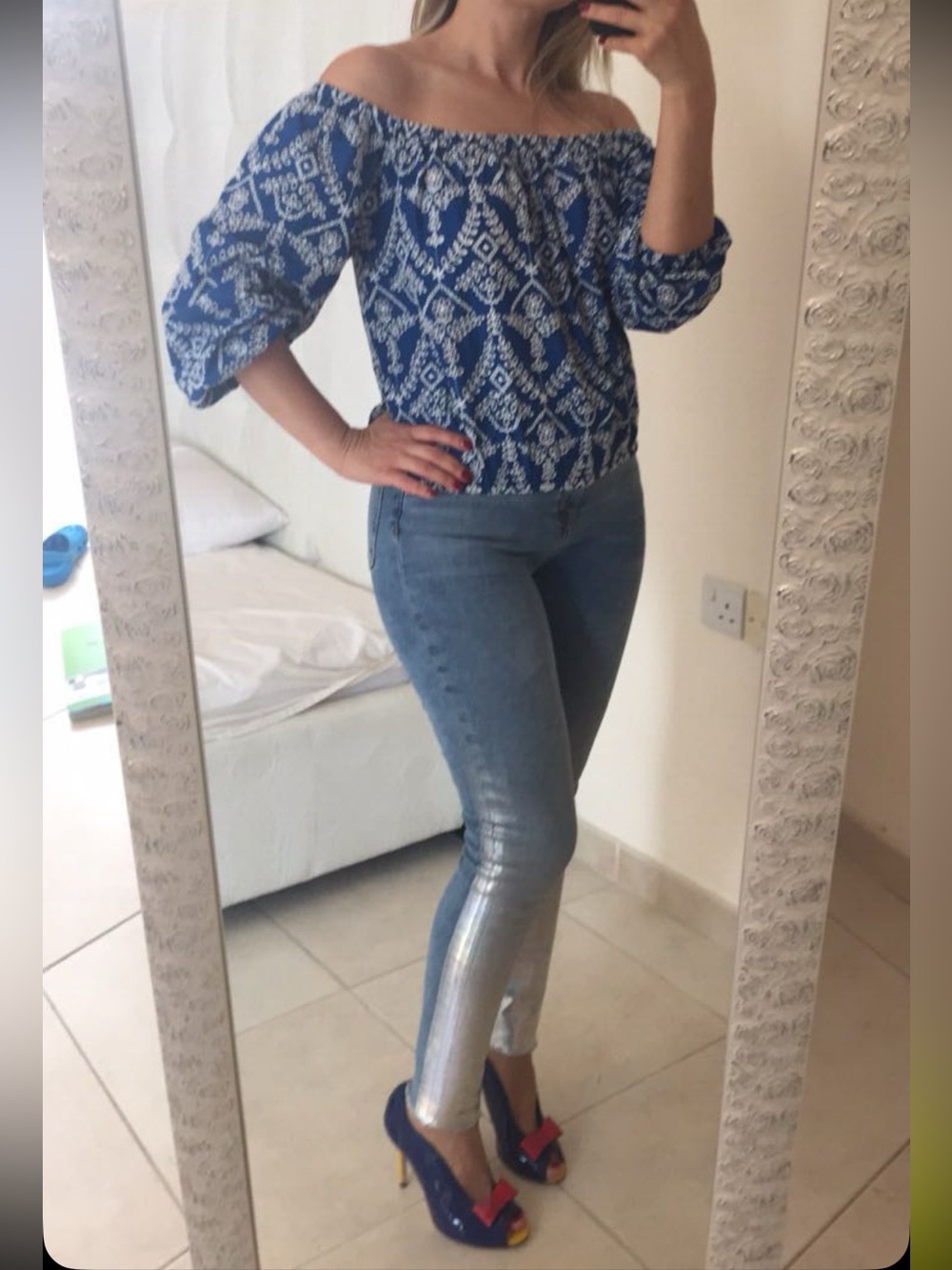 Blue Embroidered Bardot / Off-Shoulder eyelet Blouse